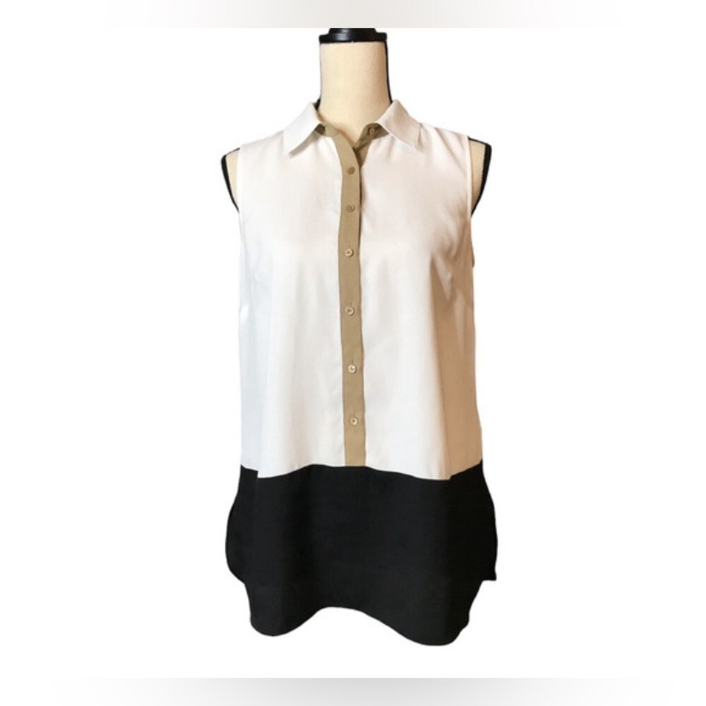 Talbots Petites Sleeveless Colorblock Button Down Top White Black Tan LP